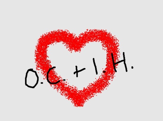 Illustration of a heart overlayed with "O.C. + I.H."